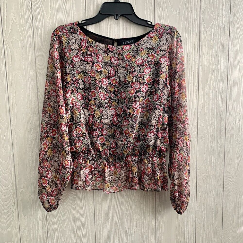 1.State Floral Print Long Sleeve Pink Black Top Size Small